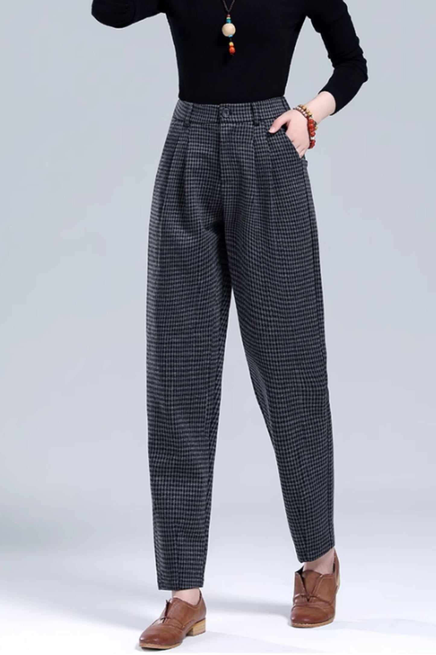 Casual plaid long wool pants C5216