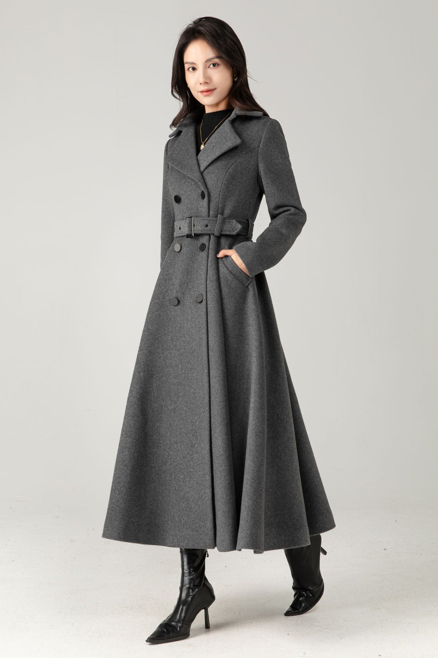 Double breasted long gray winter warm wool coat C5345