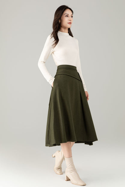 Green Wool Midi Skirt – A-Line Skirt with Pockets C5238