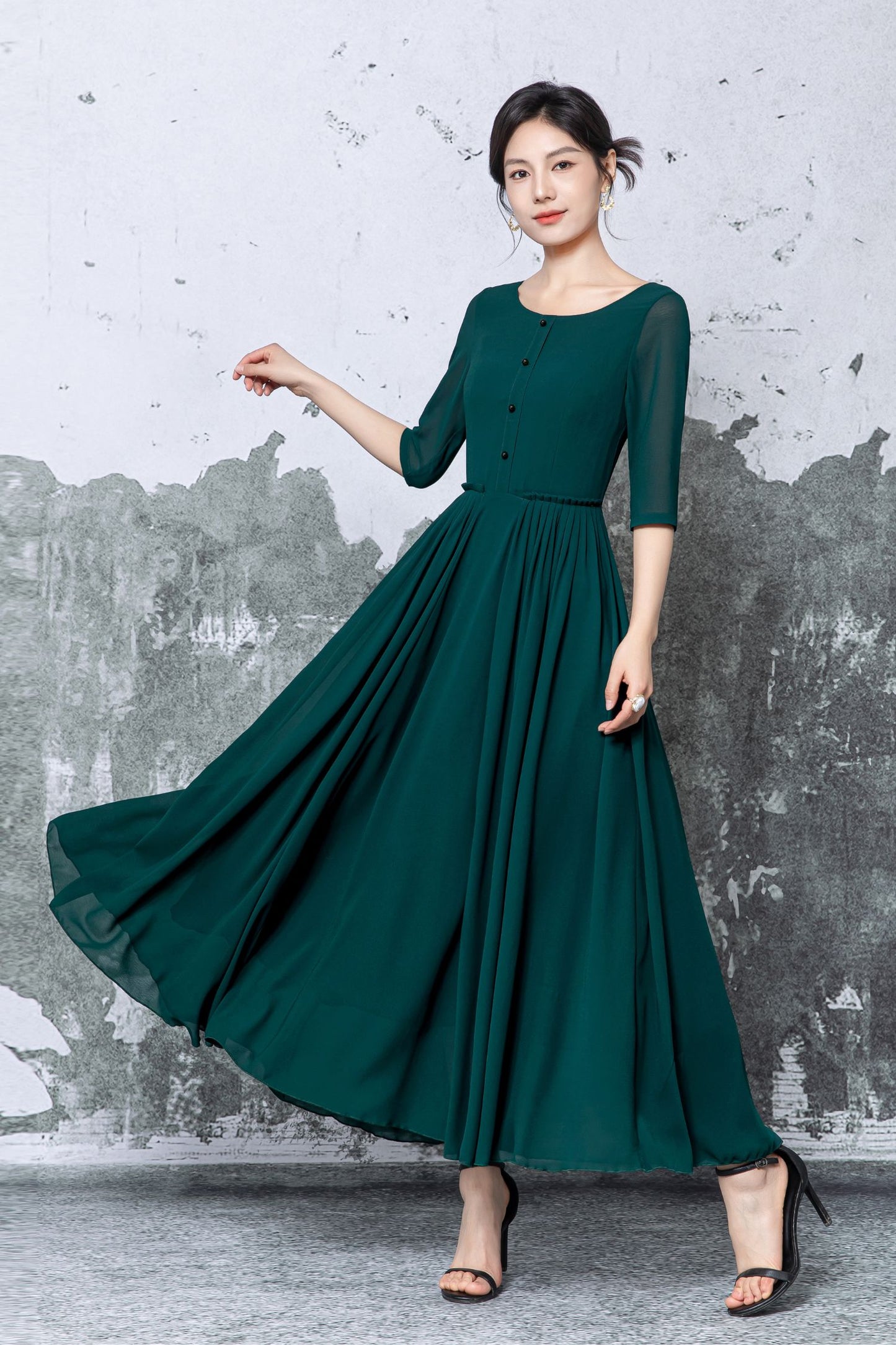 Dark Green Polyester Chiffon Maxi Dress - Pleated Fit-and-Flare with Half Sleeves c5472