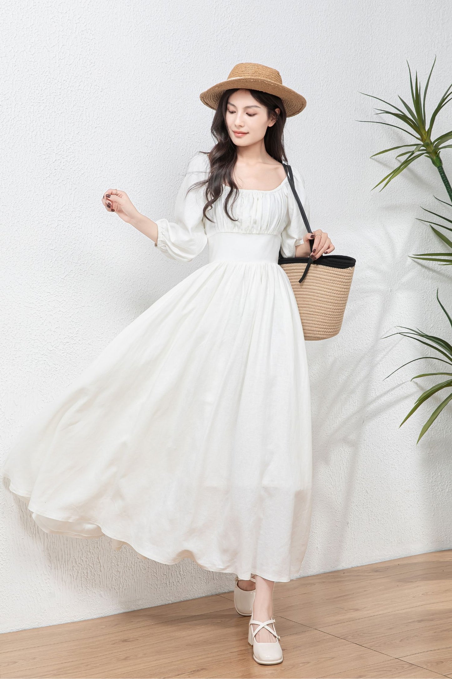 White Linen Swing Dress - Flowy Midi linen Dress C4766