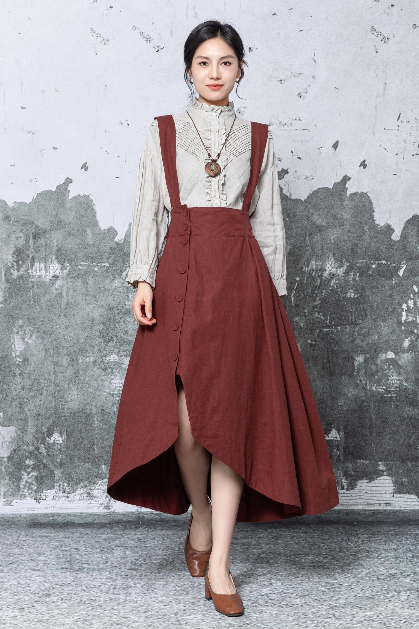 Rust Linen Midi Pinafore Dress - Asymmetric Hem with Pockets c5464