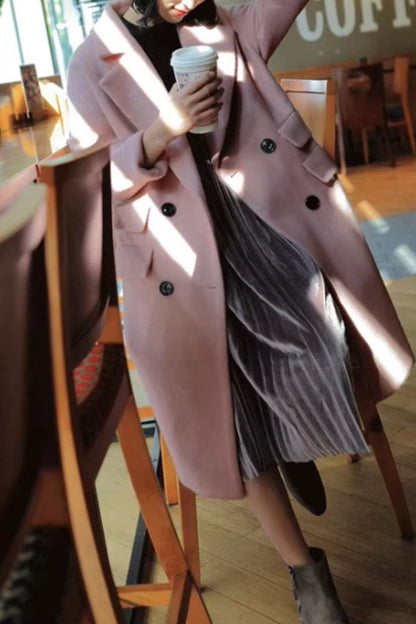 Pink warm long trench wool coat C5162