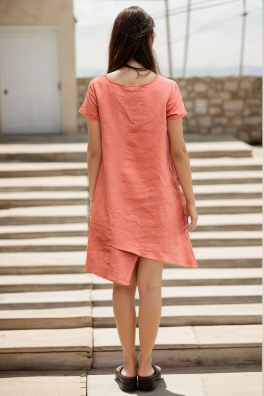 Rust Linen Mini Tunic Dress - Irregular Hem, Short Sleeve C275