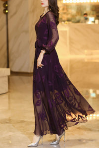 Summer Purple Long Sleeve Chiffon Dress C4110