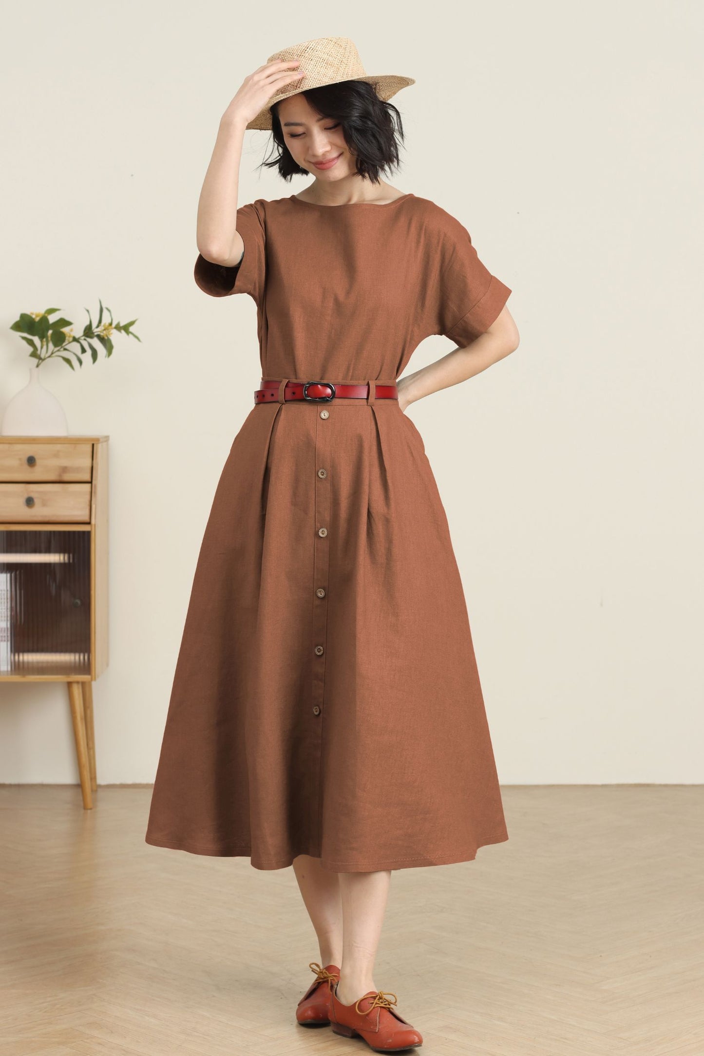 High Waisted Linen Skirt with Pockets C5455