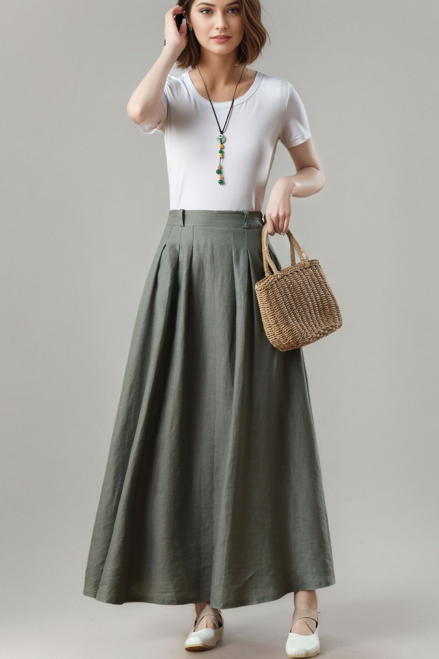 Green Linen Maxi Skirt, A-Line Swing Skirt, Plus Size, Ylistyle C5406