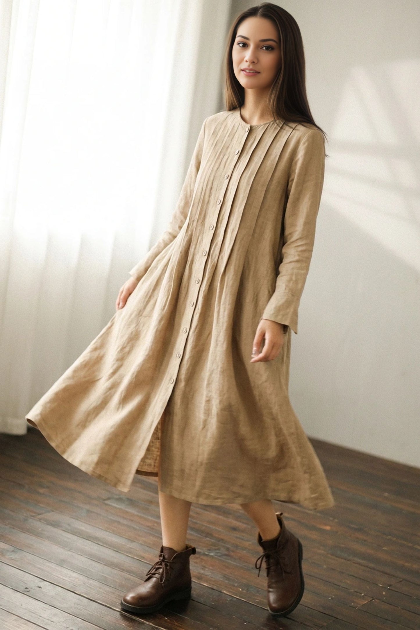 Loose Crew Linen Shirt Dress C5391