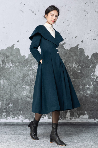 Dark Teal Wool Midi Coat - Large Lapel & Fit-and-Flare Silhouette C5480