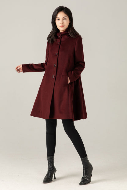 Burgundy Wool Blend Hooded Coat: A-Line Mid-Length Winter Overcoat, Ylistyle C5377
