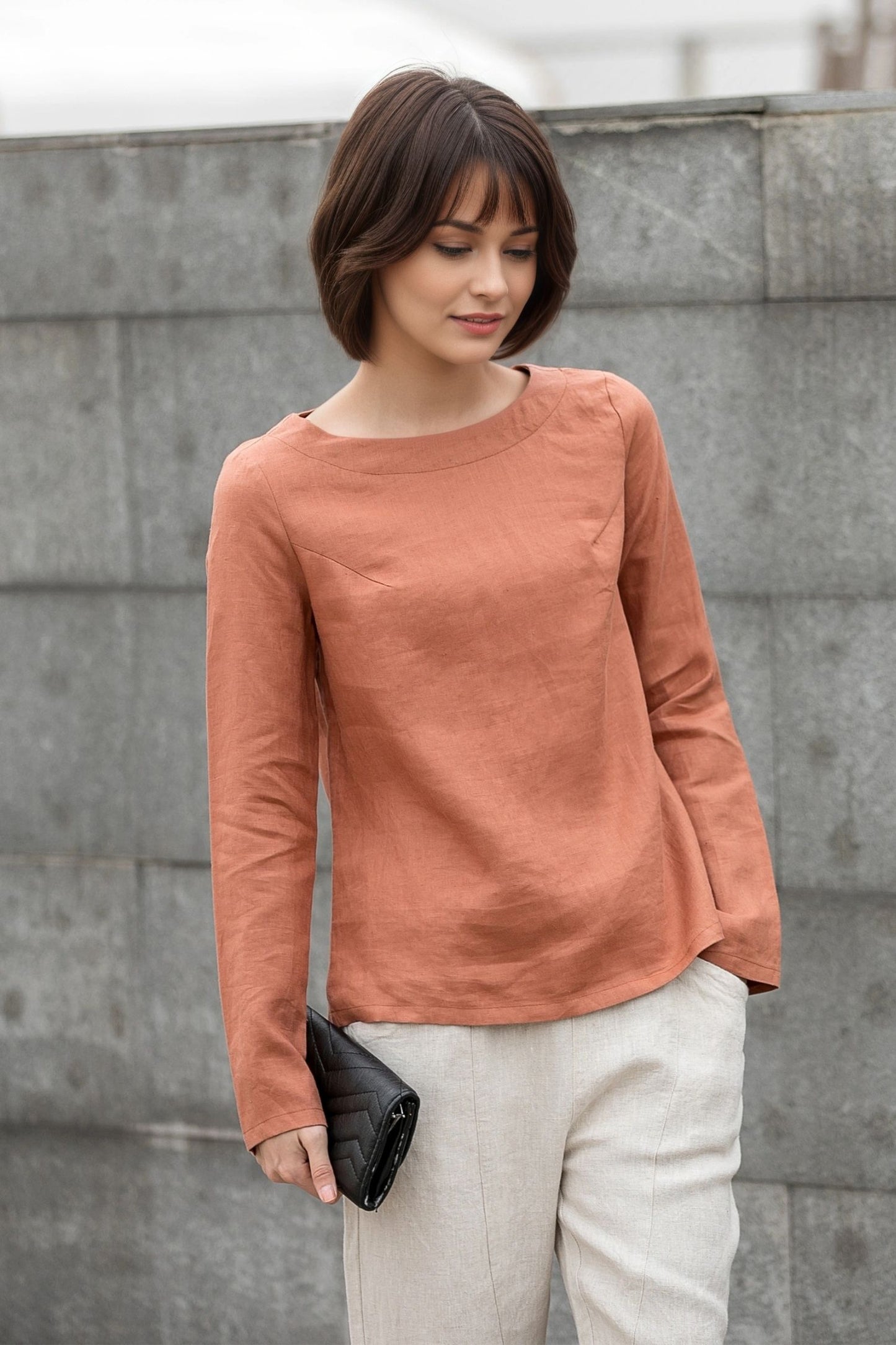 Orange Linen Blouse: Long Sleeve Boat Neck Relaxed Fit Women’s Top, Ylistyle C5409