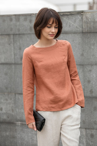 Orange Linen Blouse: Long Sleeve Boat Neck Relaxed Fit Women’s Top, Ylistyle C5409