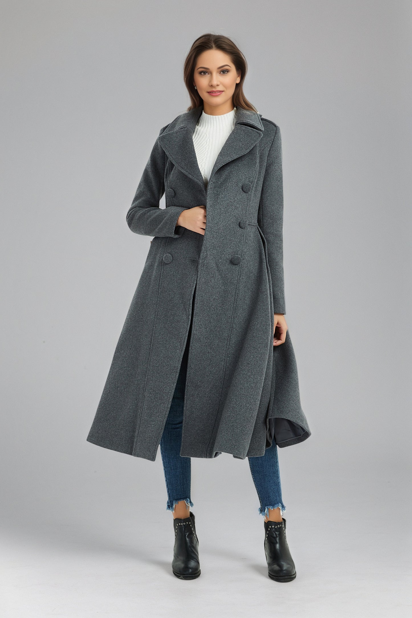Double breasted long winter gray wool coat C5134