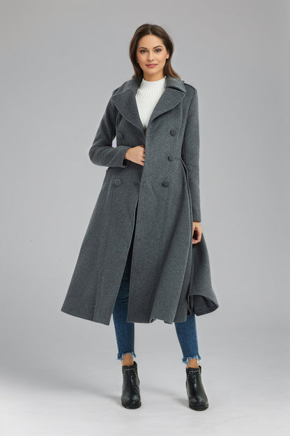 Double breasted long winter gray wool coat C5134