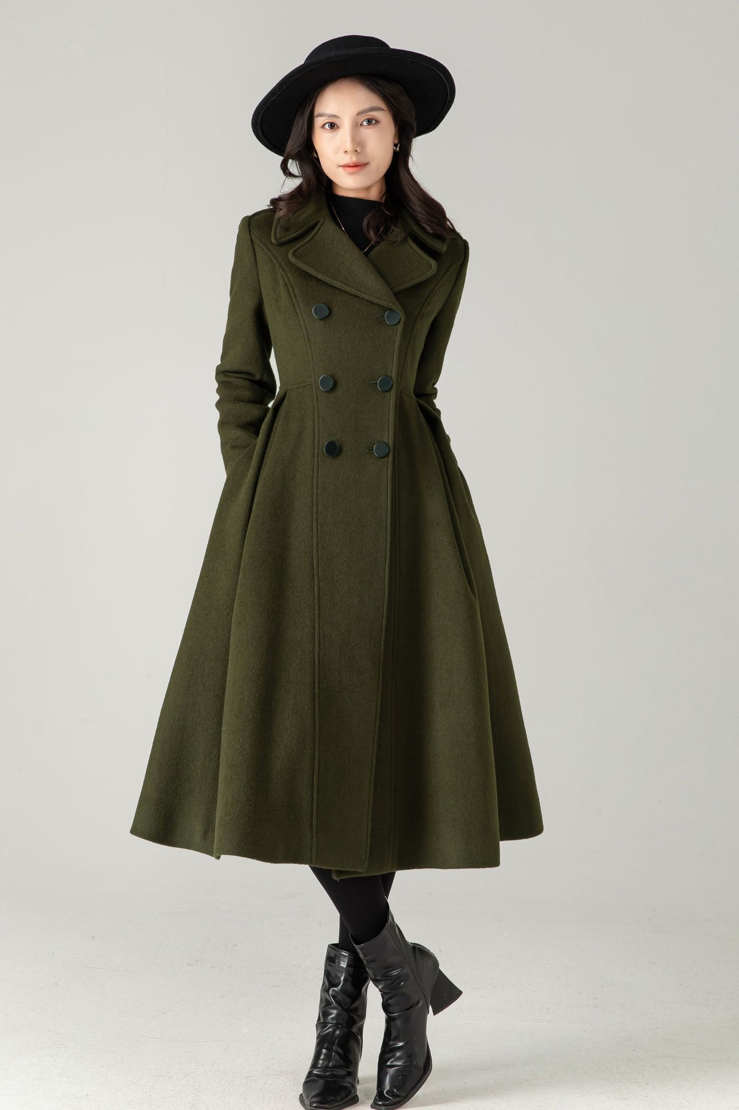 Vintage Inspired Long Princess Coat in Army Green C5342