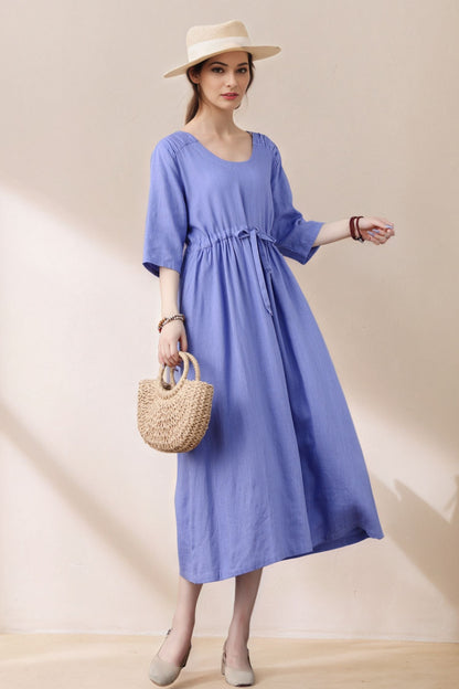 Purple 3/4 Sleeve Pleated Linen Dress With Drawstring C5389