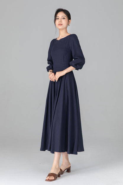 Navy Linen Cotton Midi Dress - A-Line Swing Dress with Boat Neck c5513
