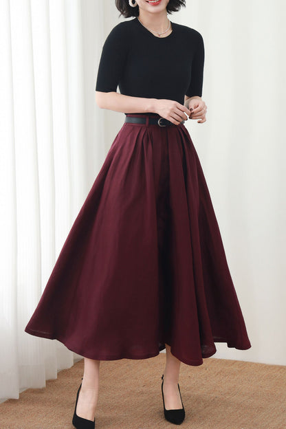 Burgundy Linen Maxi Skirt: A-Line Linen Blend Summer Skirt with Pockets, Ylistyle C5450