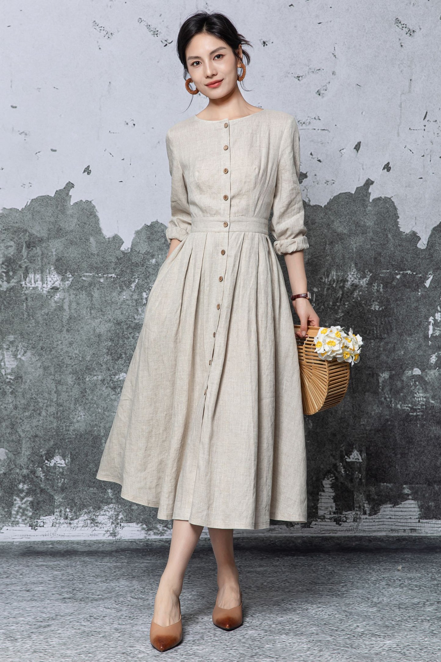 Beige Linen Midi Dress - Button Front Pleated A-Line Silhouette c5469