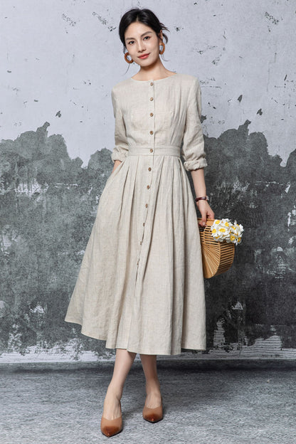 Beige Linen Midi Dress - Button Front Pleated A-Line Silhouette c5469