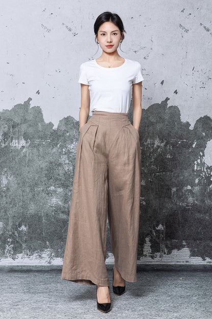 Brown Linen Wide Leg Pants - High Waisted Flowing Palazzo Trousers c5465