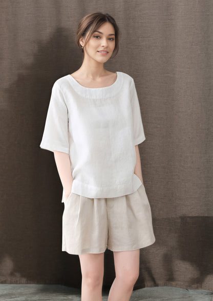 White Short sleeve summer linen blouse C4849