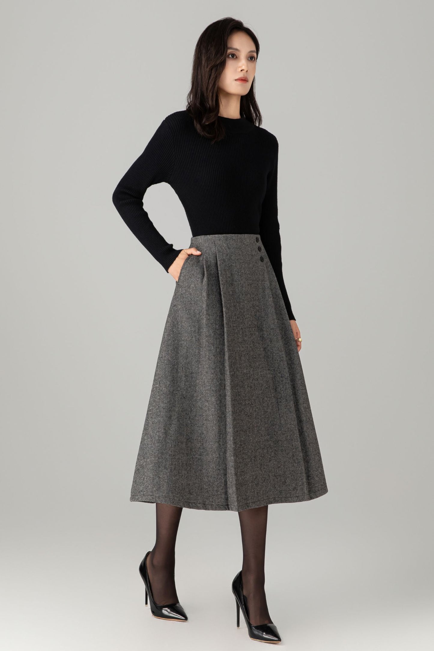 A line gray midi winter wool skirt C5277