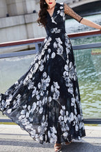 Load image into Gallery viewer, Summer black chiffon floral dress women C4114
