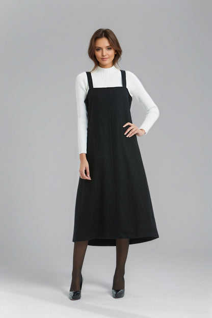 Long Sleeveless Black Wool Pinafore Dress C5141