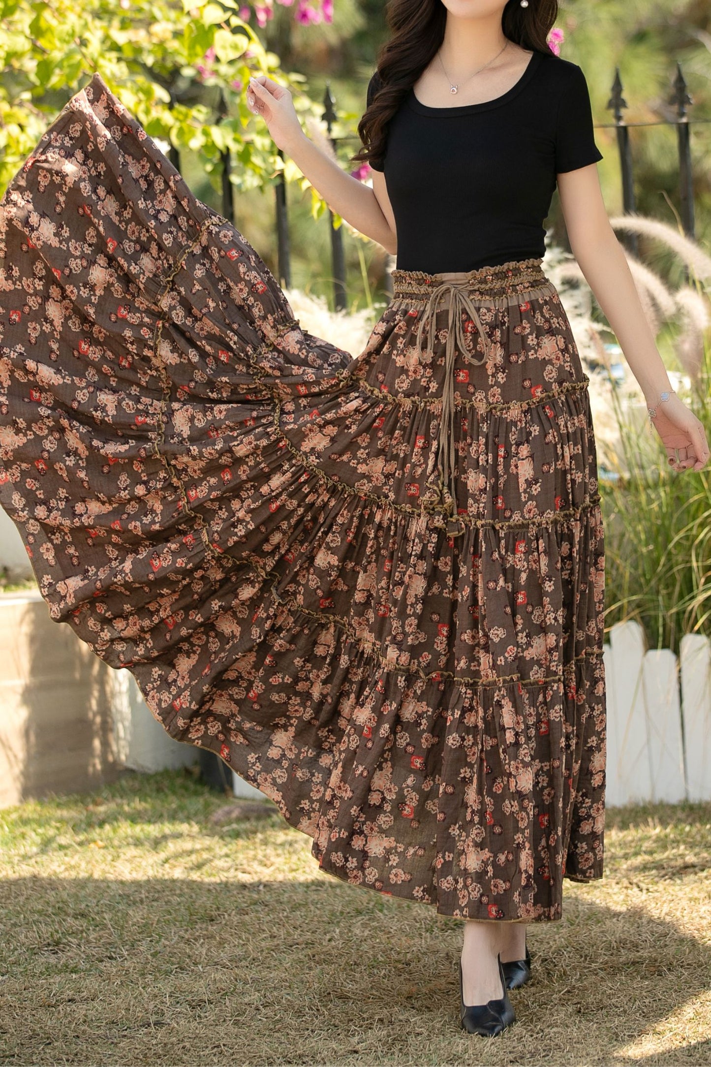 Brown Cotton Maxi Skirt - Floral Print, High Waisted Pleated c5440