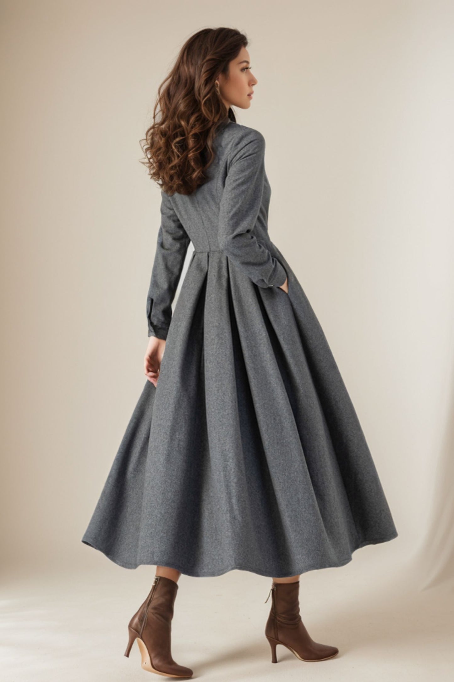 Autumn/winter Gray Wool Dress C4316