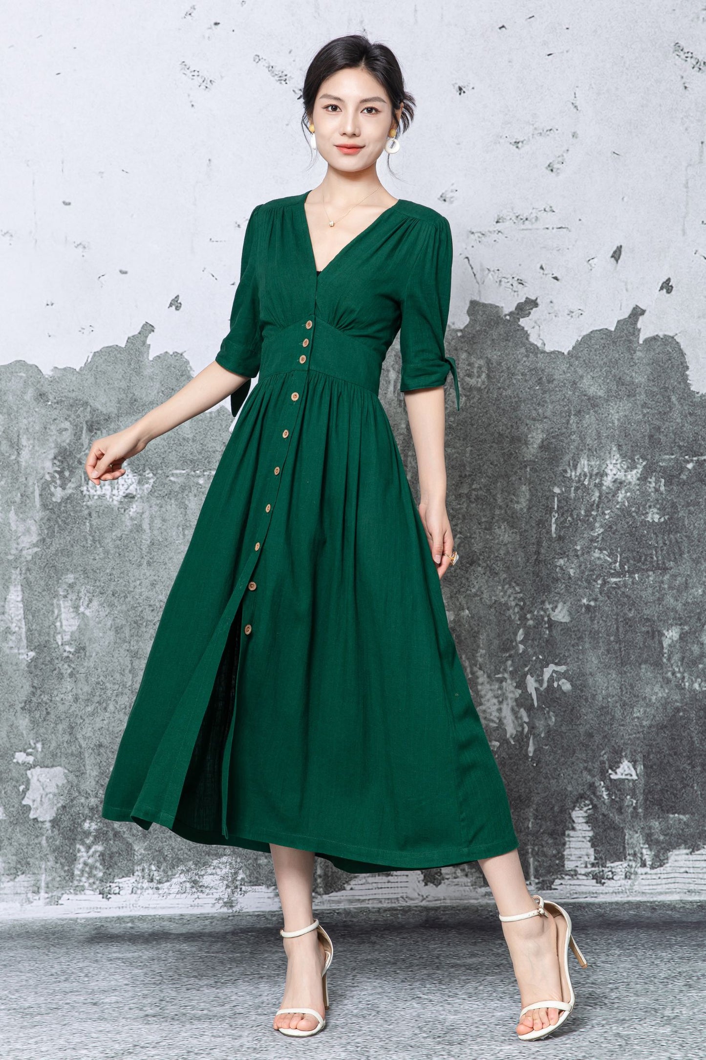 Dark Green Linen Midi Dress - V-Neck Button Front with Puff Sleeves c5473
