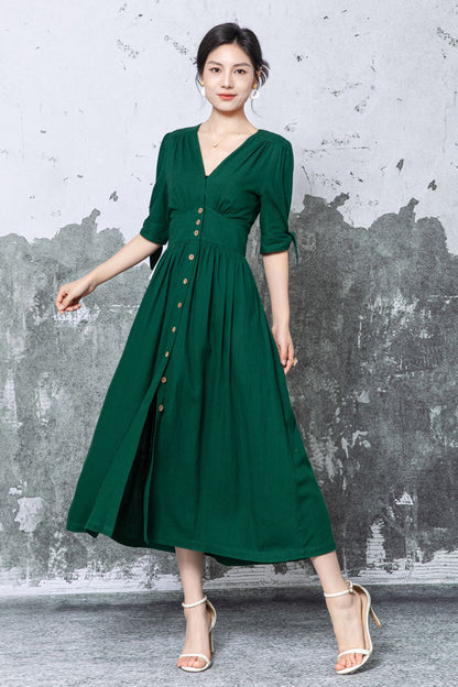 Dark Green Linen Midi Dress - V-Neck Button Front with Puff Sleeves c5473