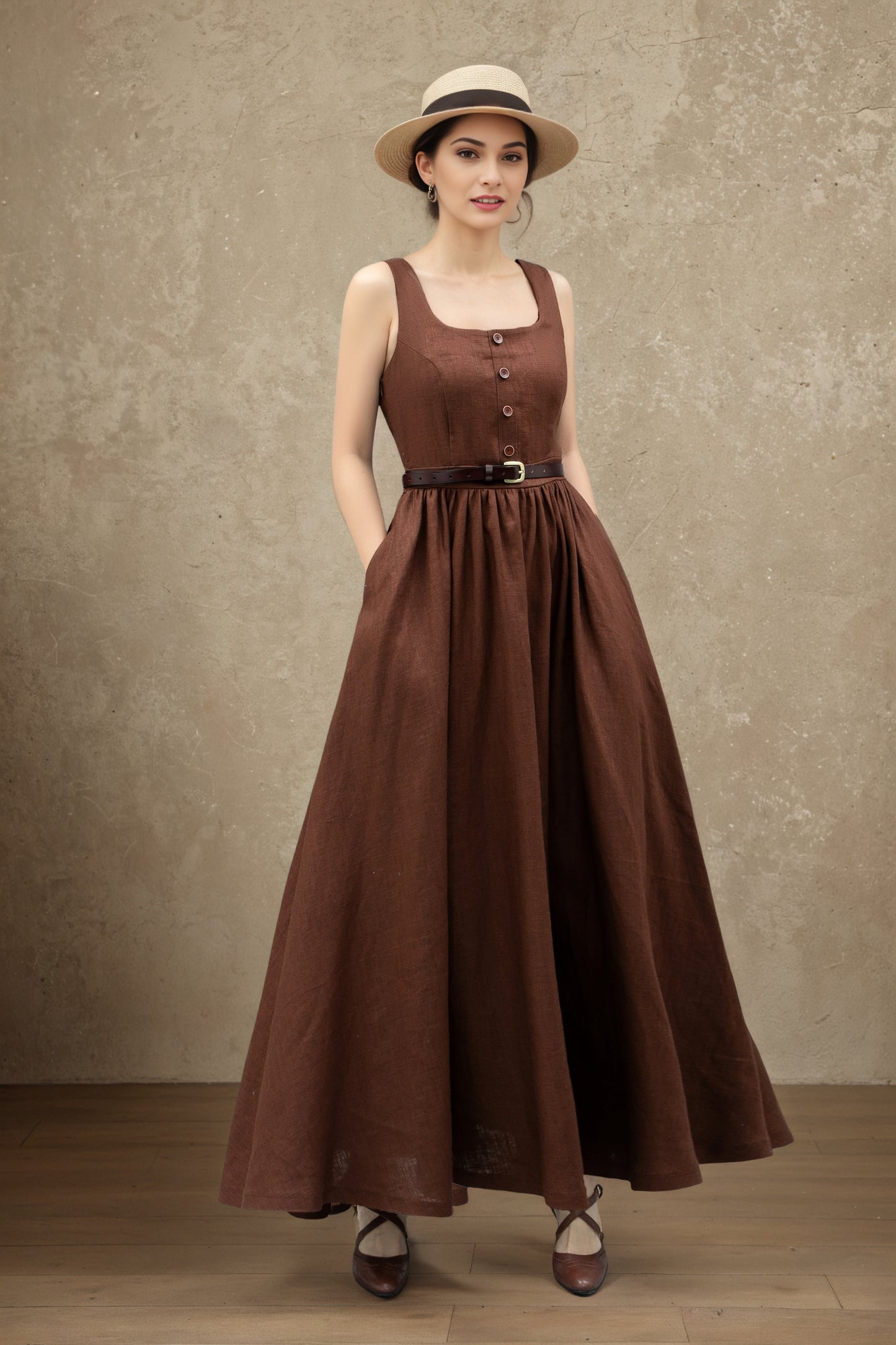 Brown linen Pinafore Maxi Dress C5363