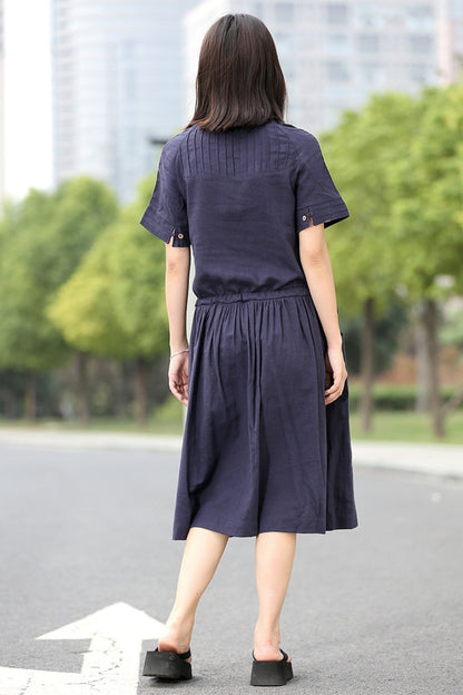 Casual Navy Blue Short-Sleeved Pleated Mid-Length Dress for Women C268