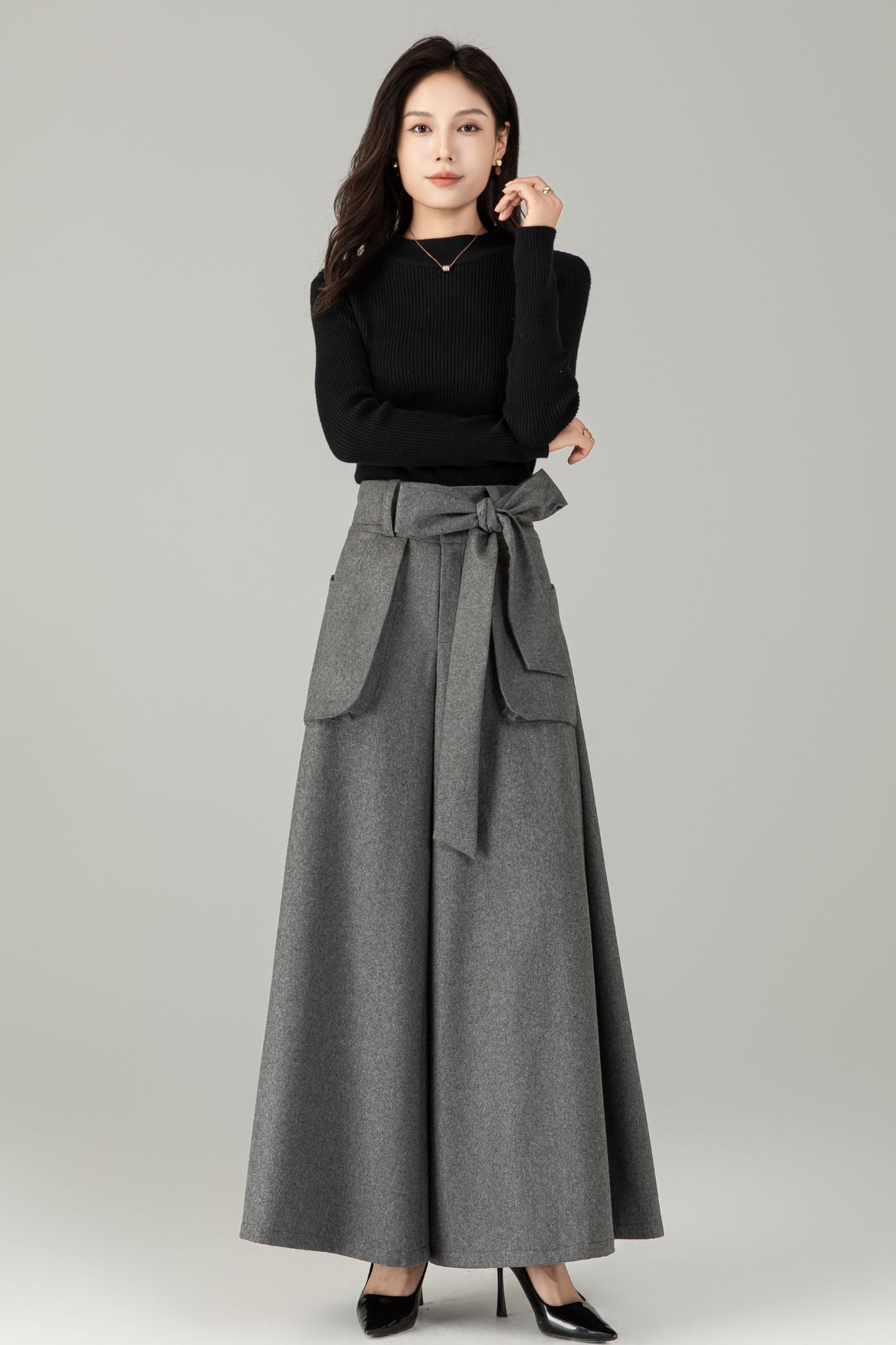 High-Waist Wide-Leg Wool Trousers — Palazzo Wool Pants C5245