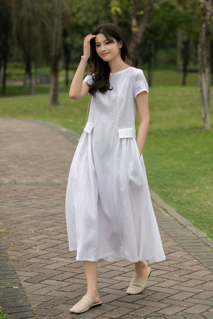 White Linen Midi Casual dress womens C4014