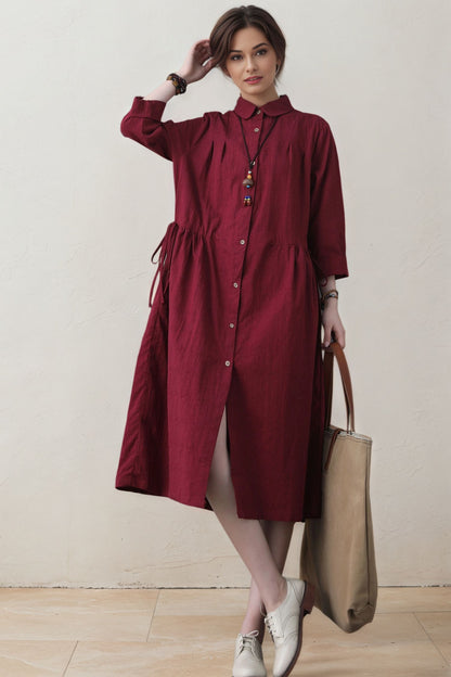 Burgundy Linen Shirt Dress - Long Sleeve Button-Front Midi with Drawstring Waist c5392
