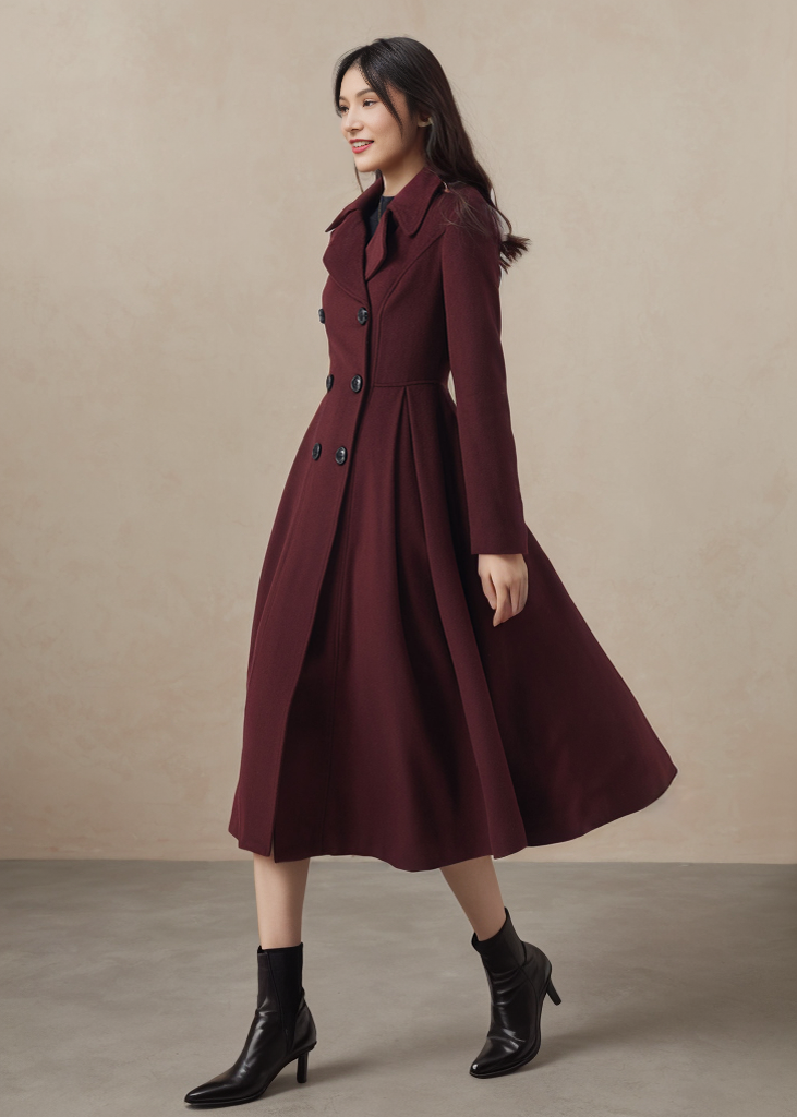 Long Swing Princess Burgundy Wool Coat C4411