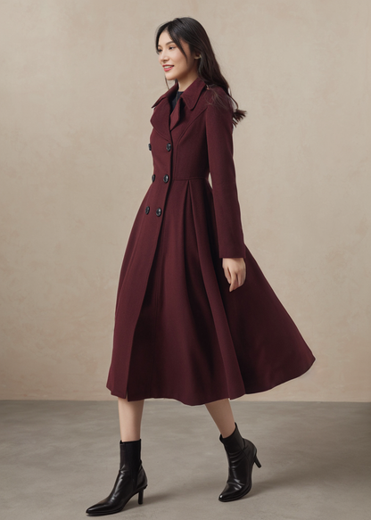 Long Swing Princess Burgundy Wool Coat C4411