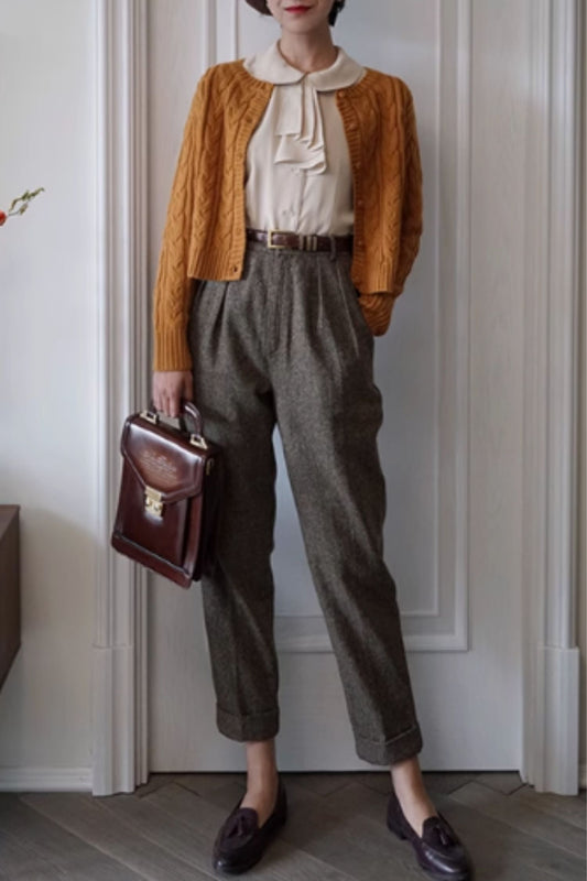 Brown high waist winter wool pants C4646