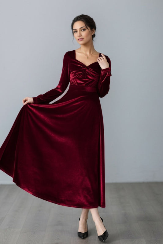 Elegant Burgundy Velvet Long Dress C5357