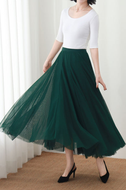 Dark Green Maxi Skirt: High Waist A-Line Long Tulle Skirt, Ylistyle C5448