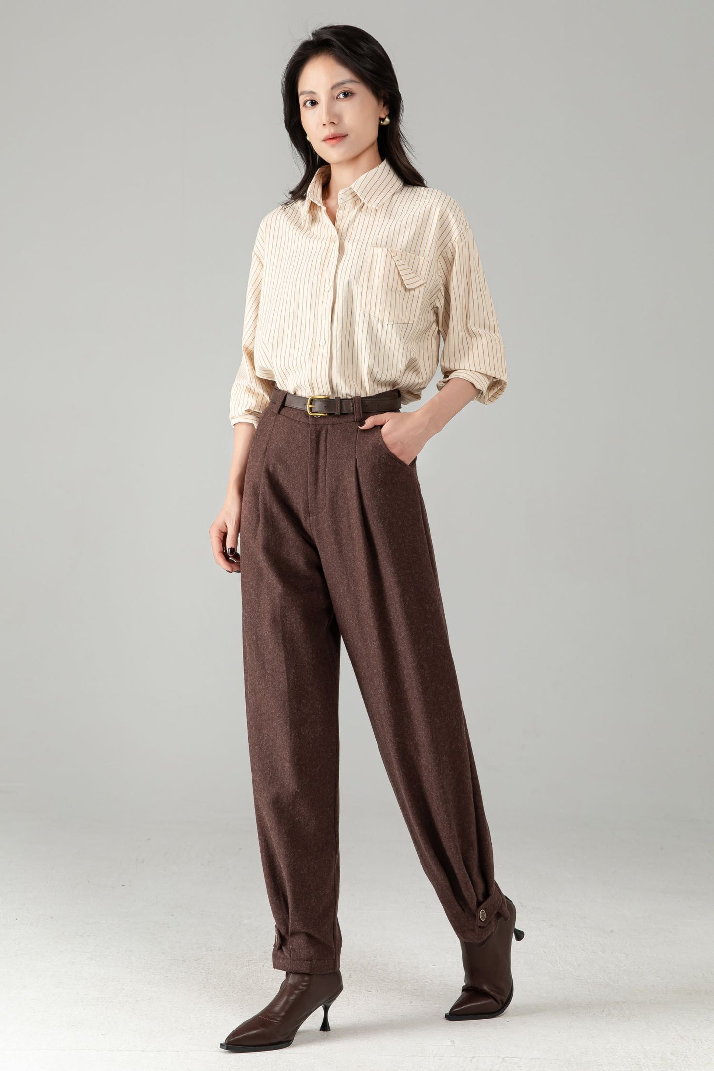 Brown Wool Tapered Trousers: Women’s Vintage-inspired Lantern Pants C5340