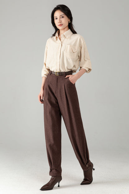 Brown Wool Tapered Trousers: Women’s Vintage-inspired Lantern Pants C5340