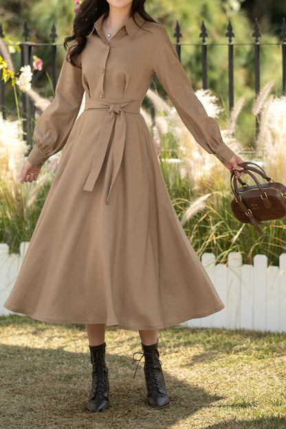 Khaki Linen Cotton Midi Shirt Dress – Casual Loose Fit Spring Dress for Women, Ylistyle C5439
