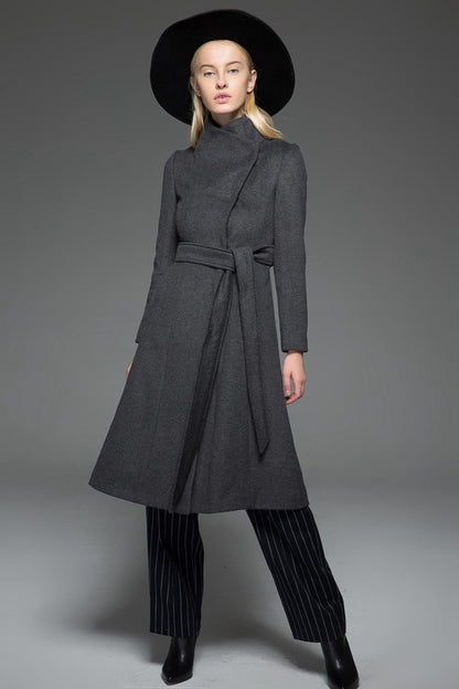 Gray Wool Coat with High Neck Collar, Pockets and Self-Tie Belt C758
