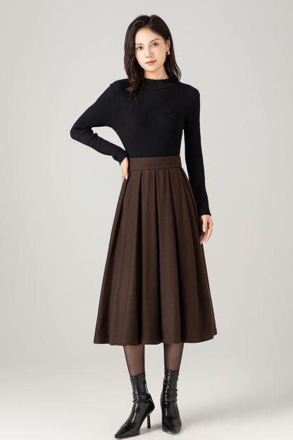 Pleated winter a line wool skirt women C5275