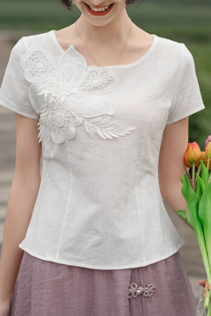 White prom linen top with flower C5049