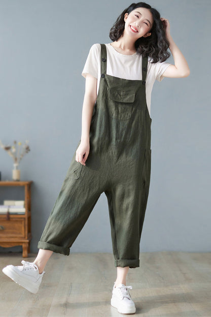Women Army Green Casual Cropped Linen Overalls C2722